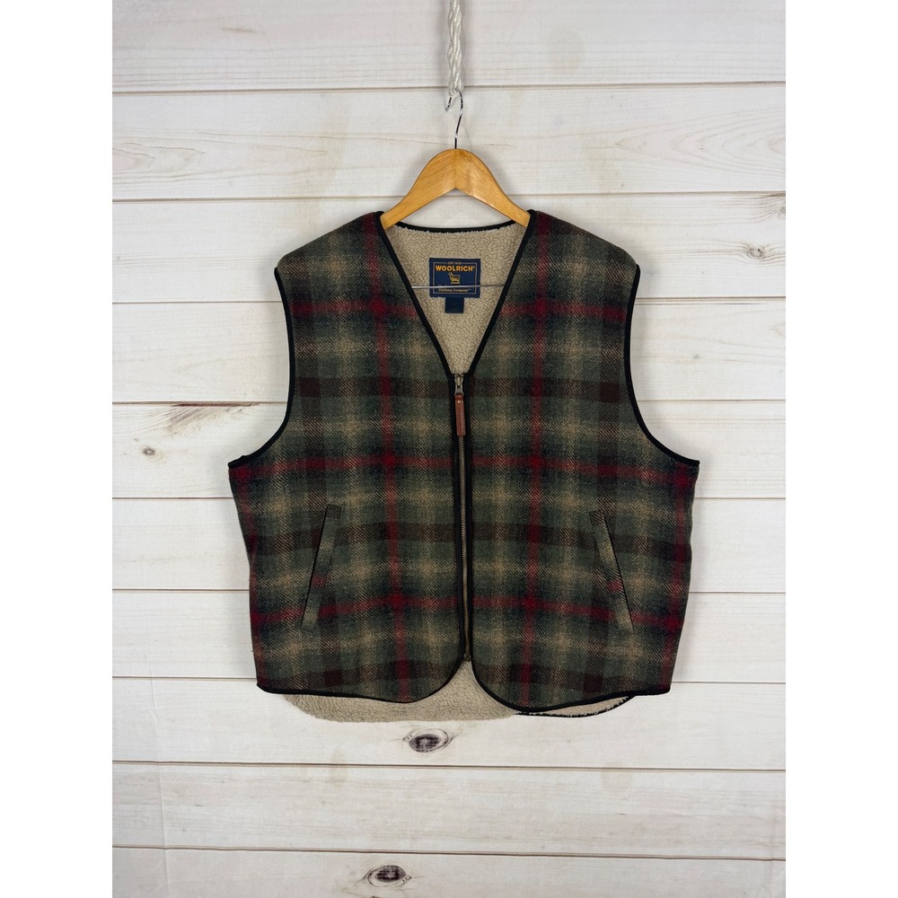 Woolrich Vest Mens Large Plaid Zip Up Sherpa Lined Pockets Wool Blend